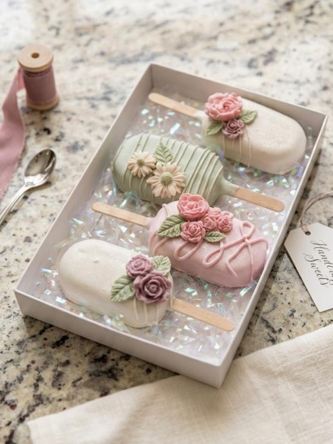 Realistic Grand Magnolia gift box with exactly 4 decorated cakesicles